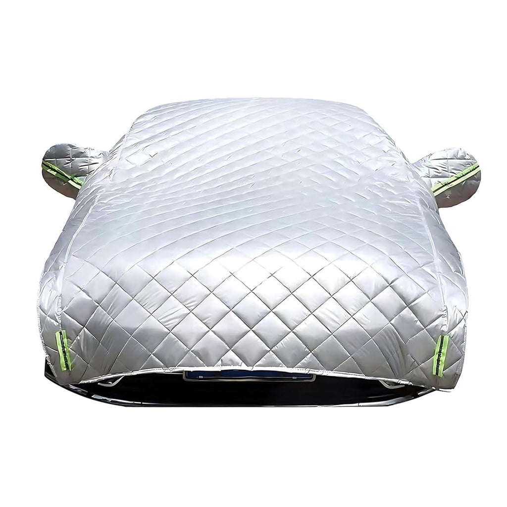 Silver hail protection half car cover with green reflective trim, white background, universal fit waterproof all-weather car cover