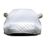 Silver hail protection half car cover with green reflective trim, white background, universal fit waterproof all-weather car cover