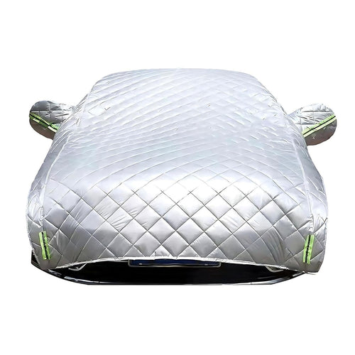 Silver hail protection half car cover with green reflective trim, white background, universal fit waterproof all-weather car cover