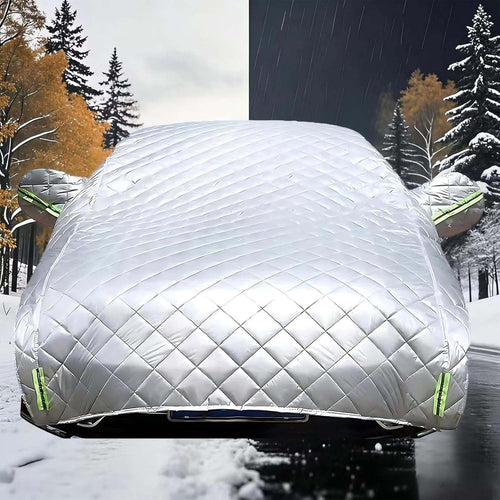 Silver hail protection half car cover with green reflective trim on sedan in snow and rain, day and night comparison, waterproof all-weather protection