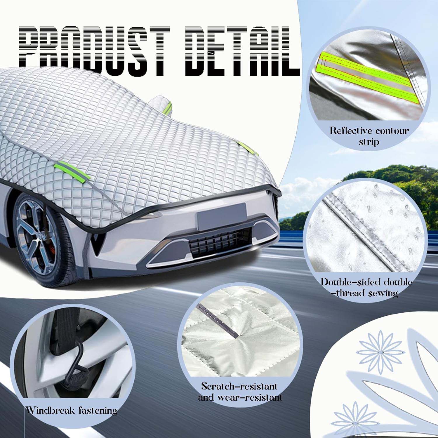 Half car cover product detail showing reflective contour strip, double-sided double-thread sewing, windbreak fastening and scratch-resistant wear-resistant material