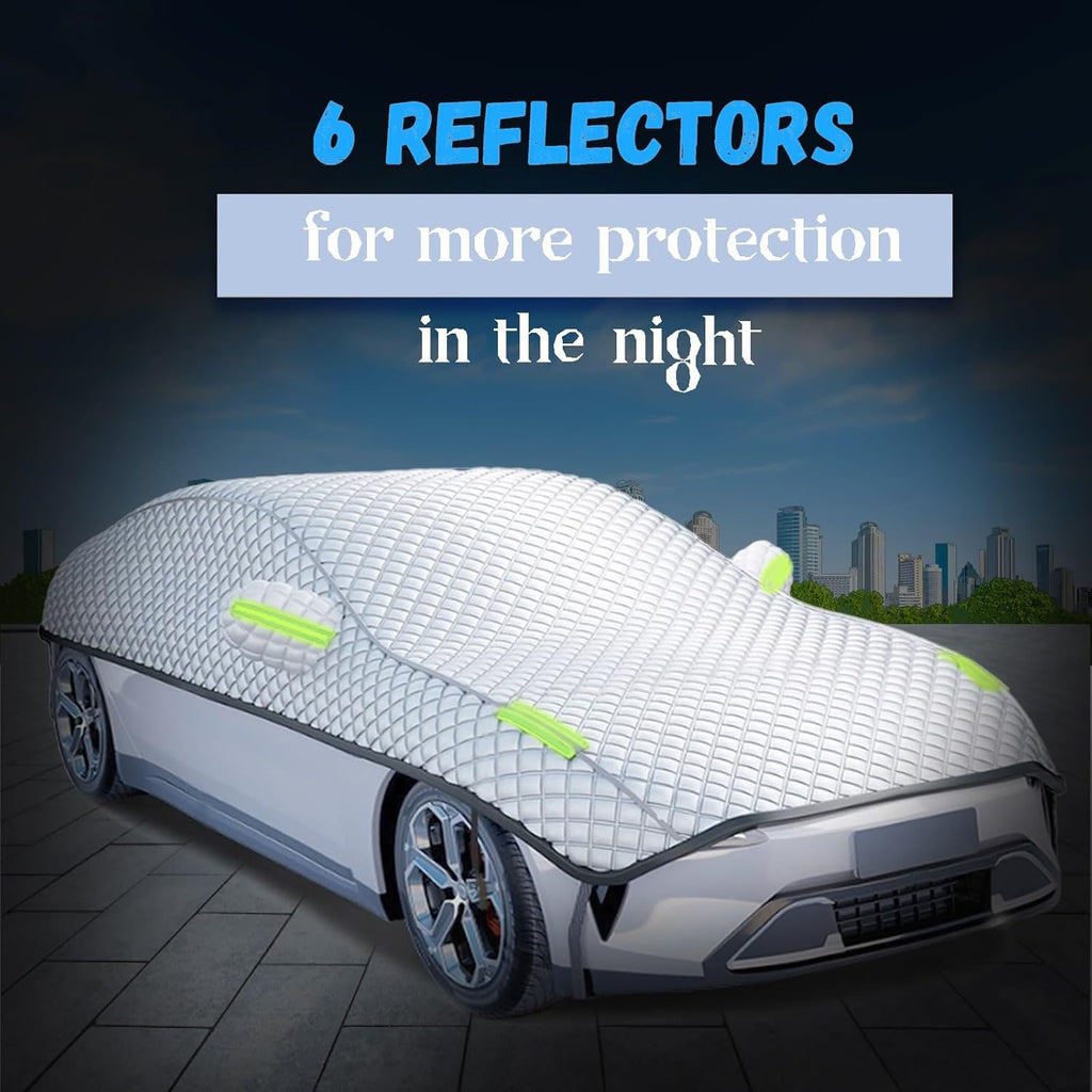 Half car cover with 6 green reflectors for more protection in the night, enhanced visibility and safety on sedan in dark urban environment