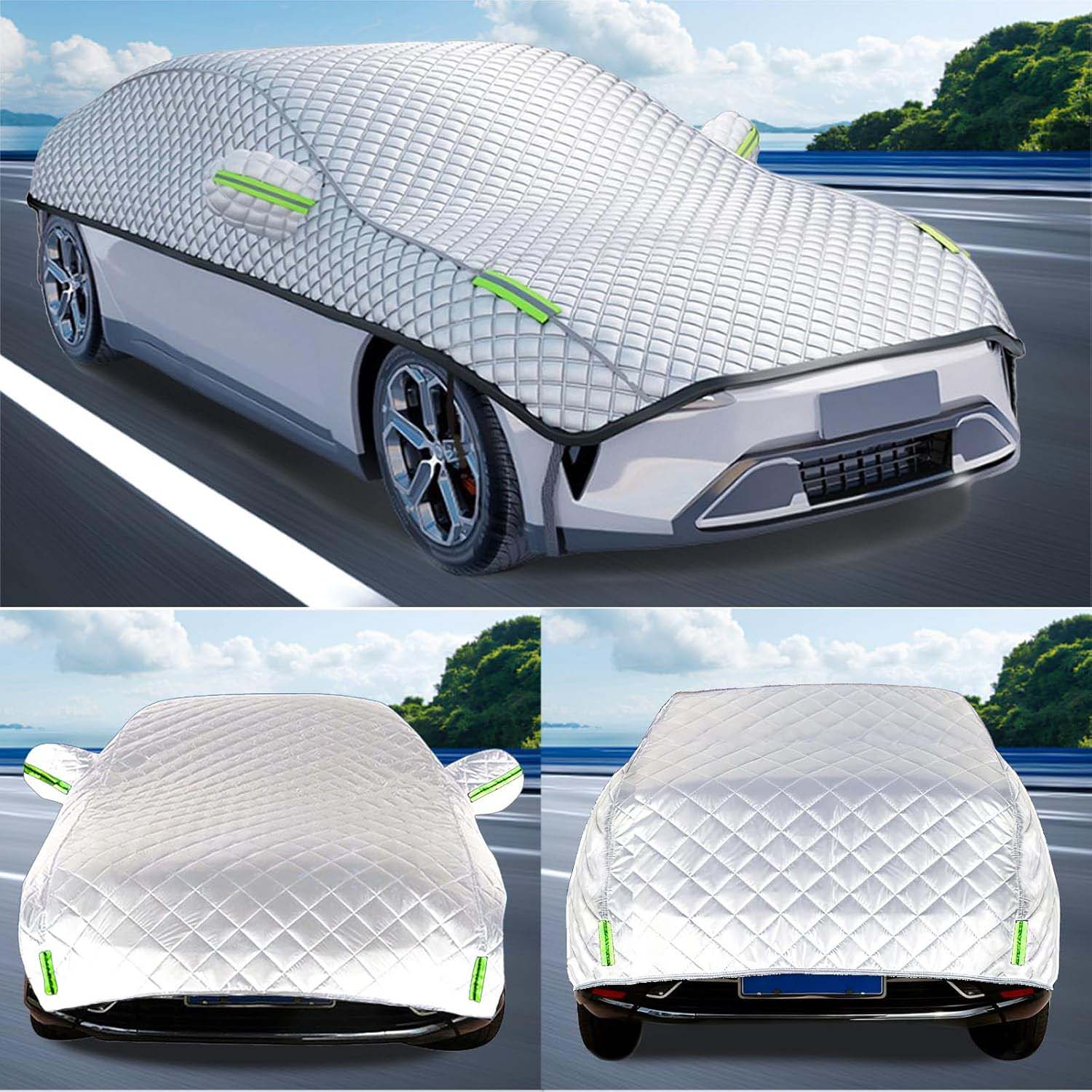 Silver hail protection half car cover with green reflective trim on sedan, three angle views showing side front and rear fit, universal fit car cover