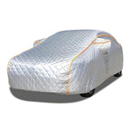Silver hail-proof full car cover with orange trim for BMW 3 Series, white background, hail protection waterproof all-weather car cover