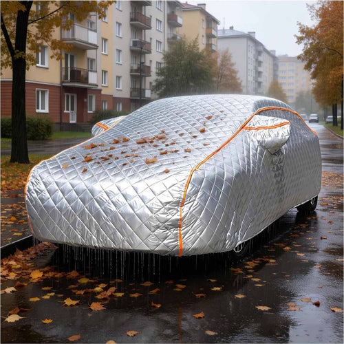 Silver hail-proof full car cover with orange trim on sedan in heavy rain, rainproof, hailproof, sunscreen, dustproof and scratch-resistant