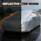 Full car cover with orange reflective strip design, night and day comparison showing visibility in heavy rain, protect your car even at night