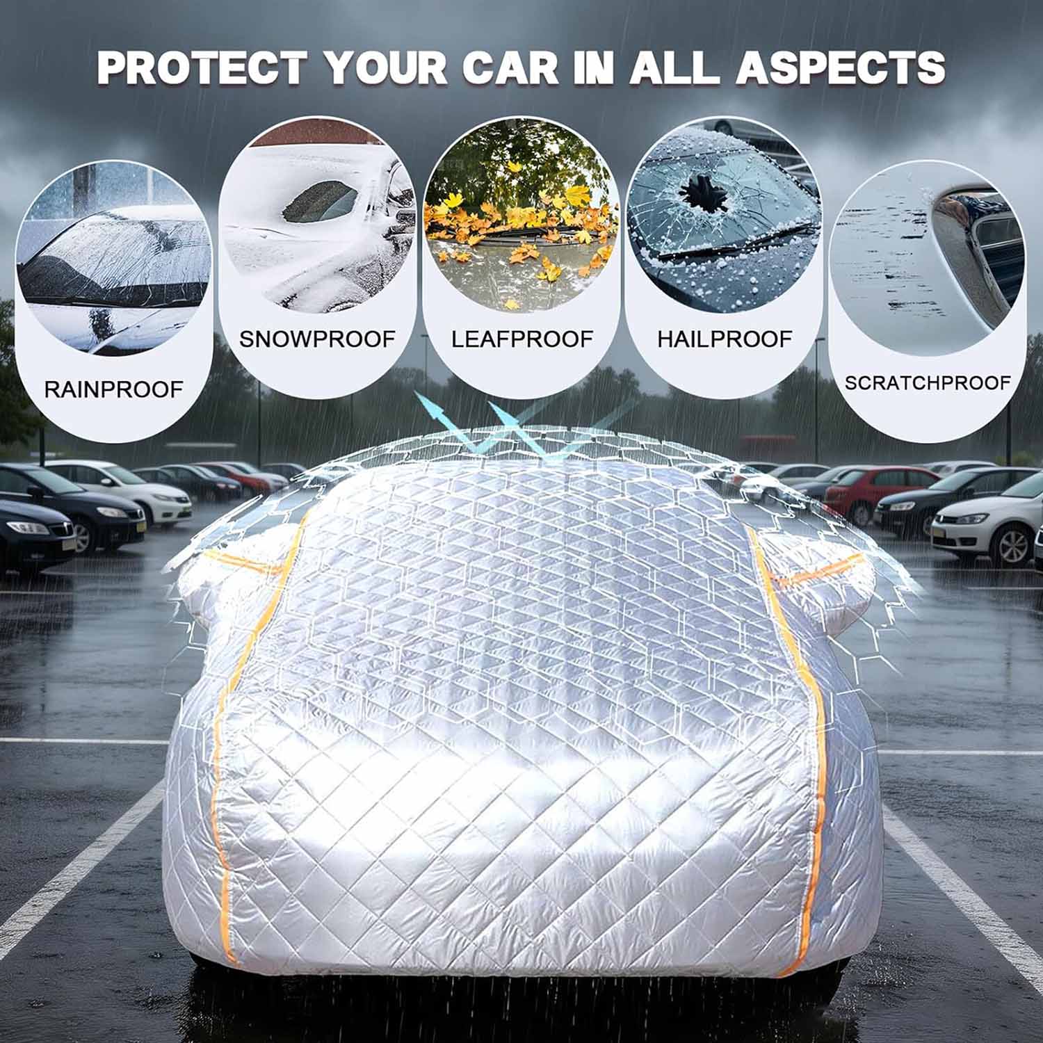 Full car cover protecting against rain, snow, leaves, hail and scratches in parking lot, all-round protection for your car
