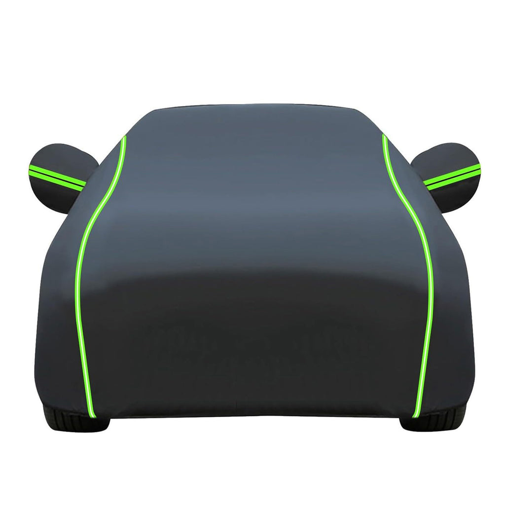Black waterproof full car cover with green reflective trim, white background, all-weather outdoor car protection
