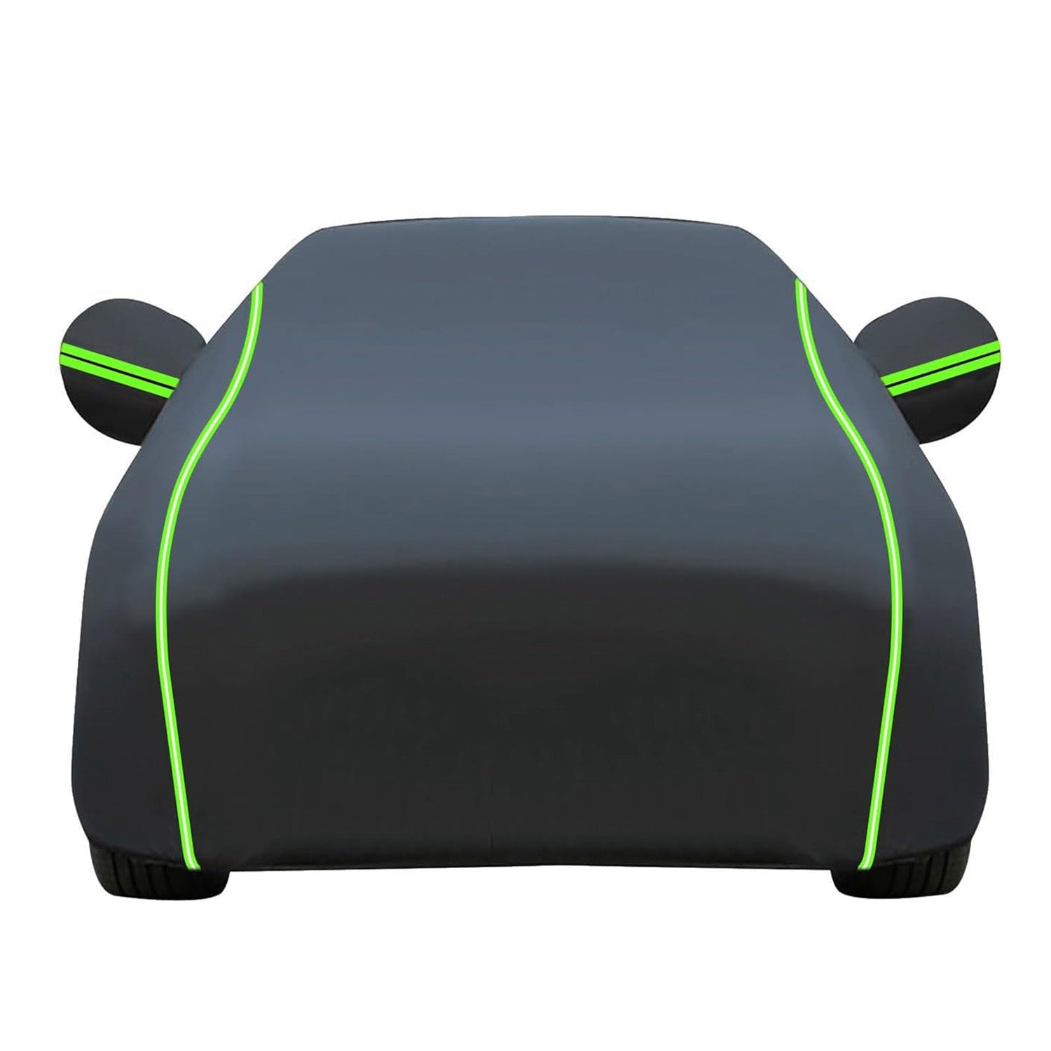 Black waterproof full car cover with green reflective trim, white background, all-weather protection lightweight car cover