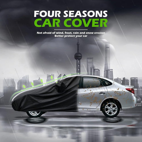 Black four seasons car cover protecting sedan from wind, frost, rain and snow, before and after comparison showing clean vs dirty car in stormy city