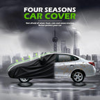 Black four seasons car cover protecting sedan from wind, frost, rain and snow, before and after comparison showing clean vs dirty car in stormy city