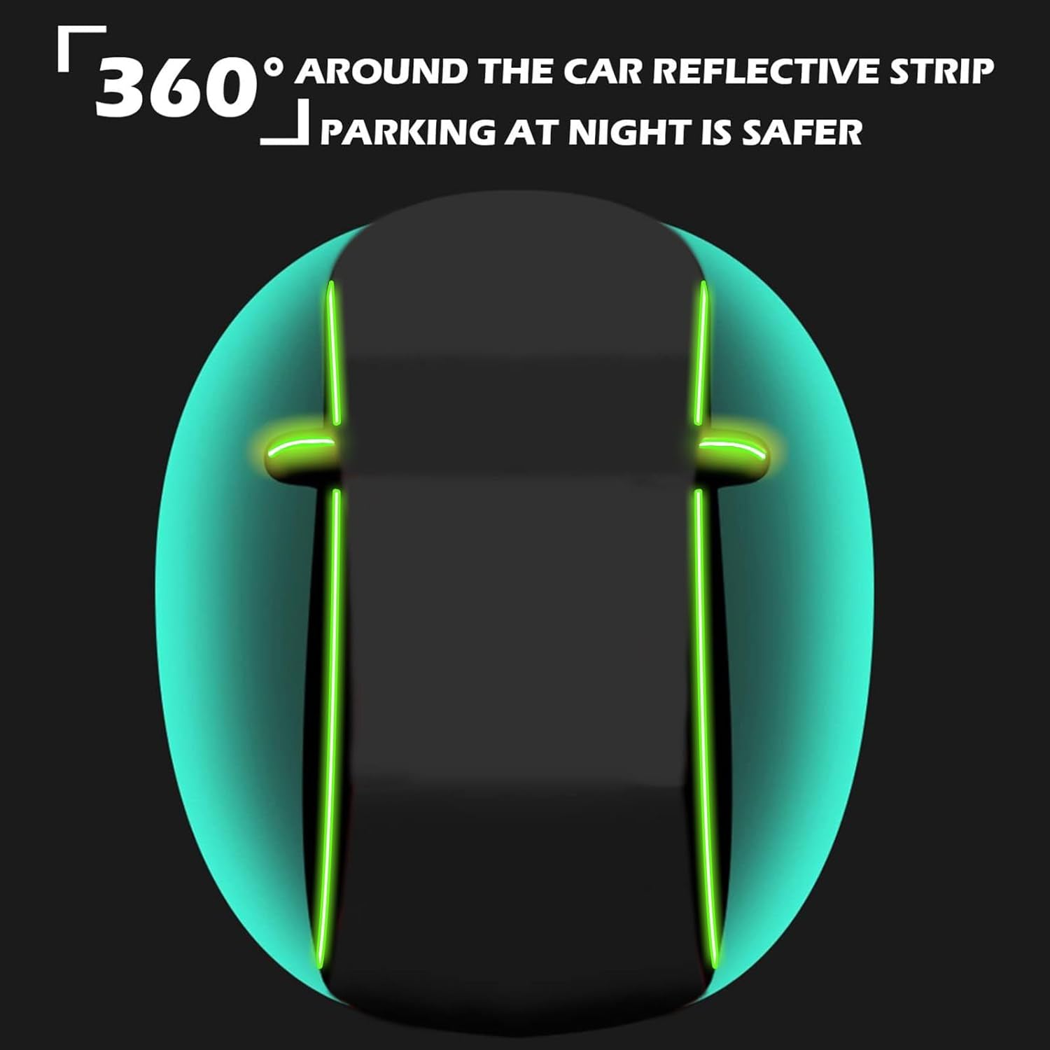 Black full car cover with 360-degree around the car green reflective strip, top view at night, parking at night is safer with enhanced visibility