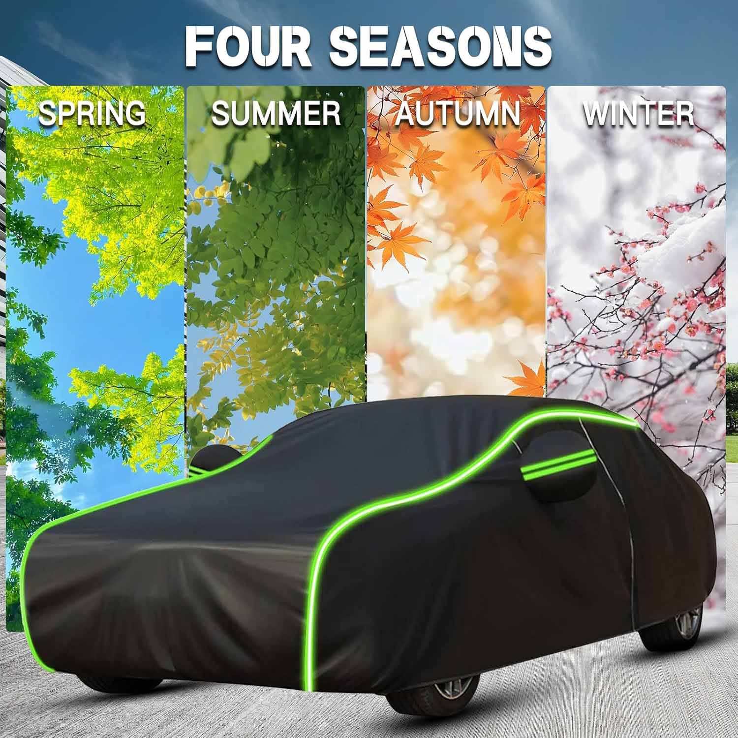 Black full car cover with green reflective trim suitable for four seasons, spring summer autumn winter year-round outdoor car protection