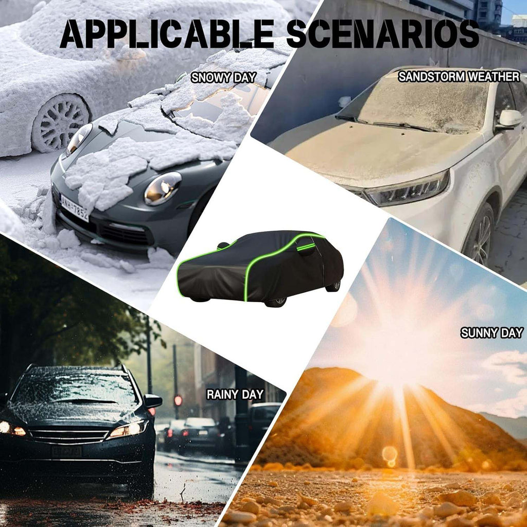Black waterproof full car cover applicable scenarios: snowy day, sandstorm weather, rainy day and sunny day, all-weather outdoor car protection